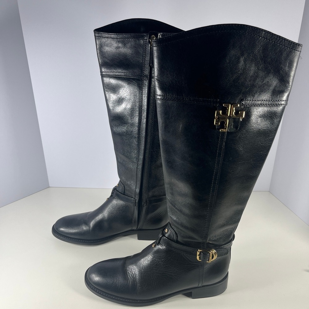 Tory Burch Eloise Tall Riding Boots Womens 7M Black Leather Knee High Equestrian
